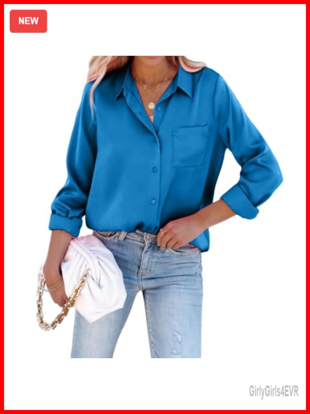Satin Button Down Shirt Women Long Sleeve Slim Fit Office Blouse with Pocket